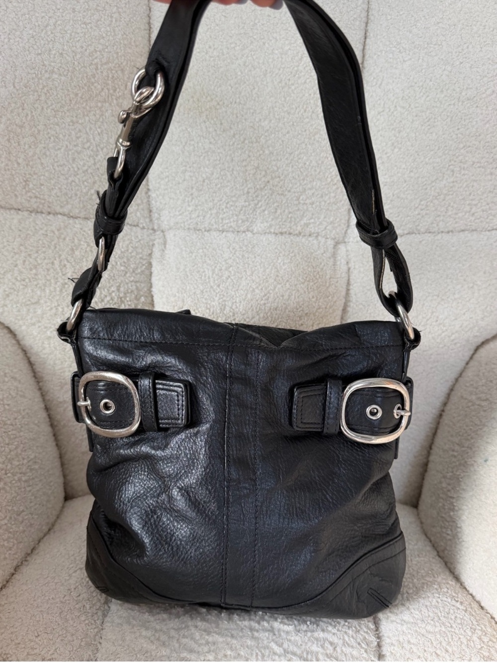 Coach Black Leather Shoulder Bag with Silver Buckles